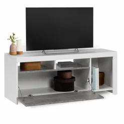 Meuble télé 110 cm blanc et placard effet béton*IDMarket