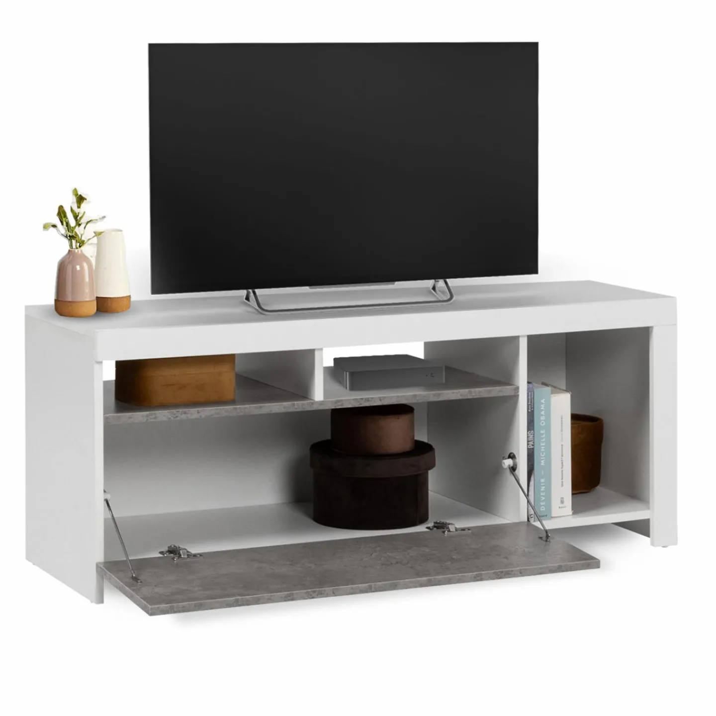Meuble télé 110 cm blanc et placard effet béton*IDMarket