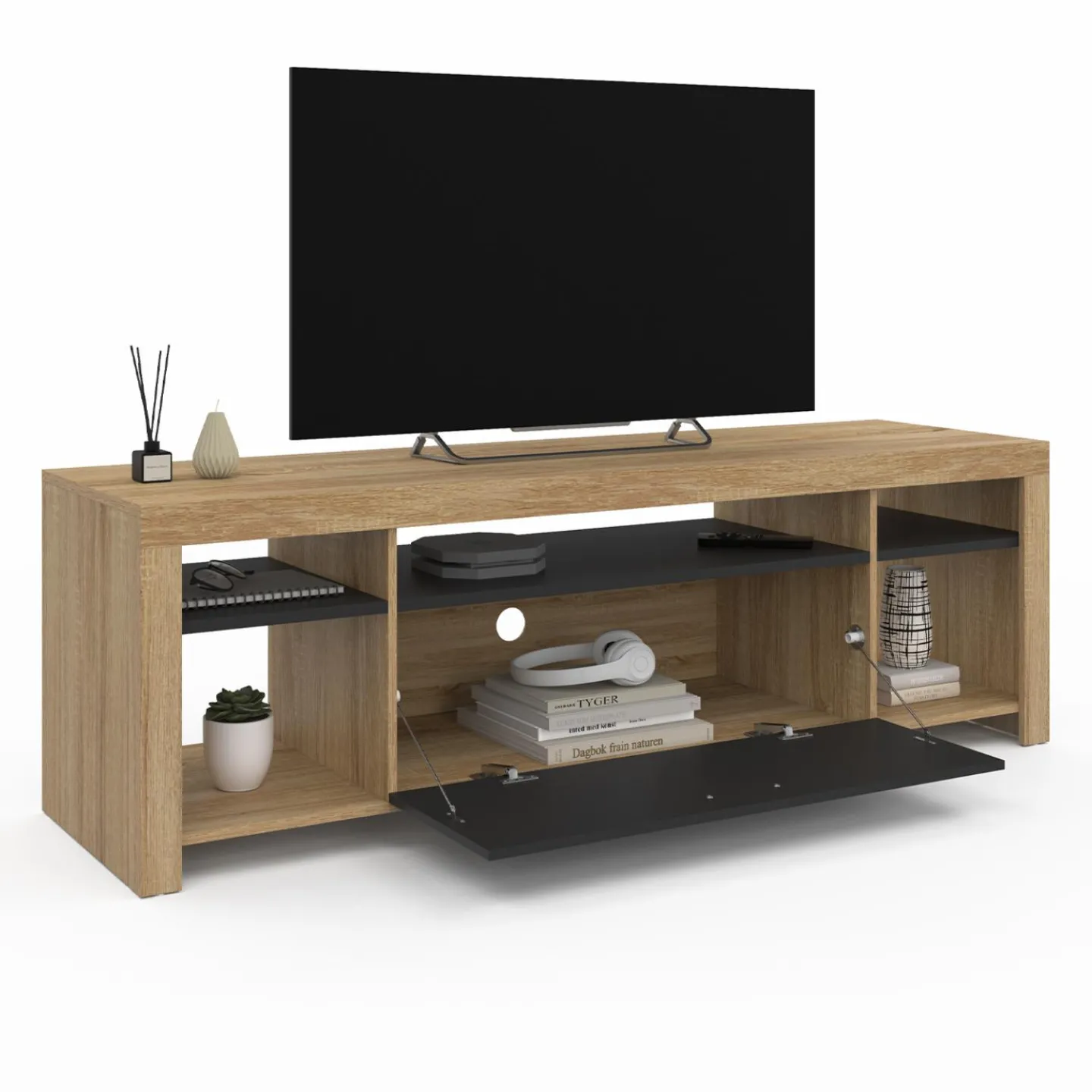 Meuble télé 140 cm bois et placard noir*IDMarket Outlet