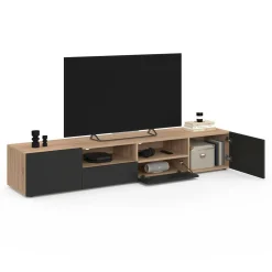 Meuble télé 180 cm noir et bois façon hêtre avec rangement*IDMarket Best