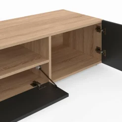 Meuble télé 180 cm noir et bois façon hêtre avec rangement*IDMarket Best