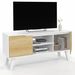 Meuble télé bois blanc 2 portes façon hêtre 110 cm*IDMarket Outlet