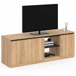 Meuble télé bois façon hêtre et noir 140 cm 3 portes*IDMarket Sale
