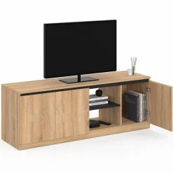 Meuble télé bois façon hêtre et noir 140 cm 3 portes*IDMarket Sale