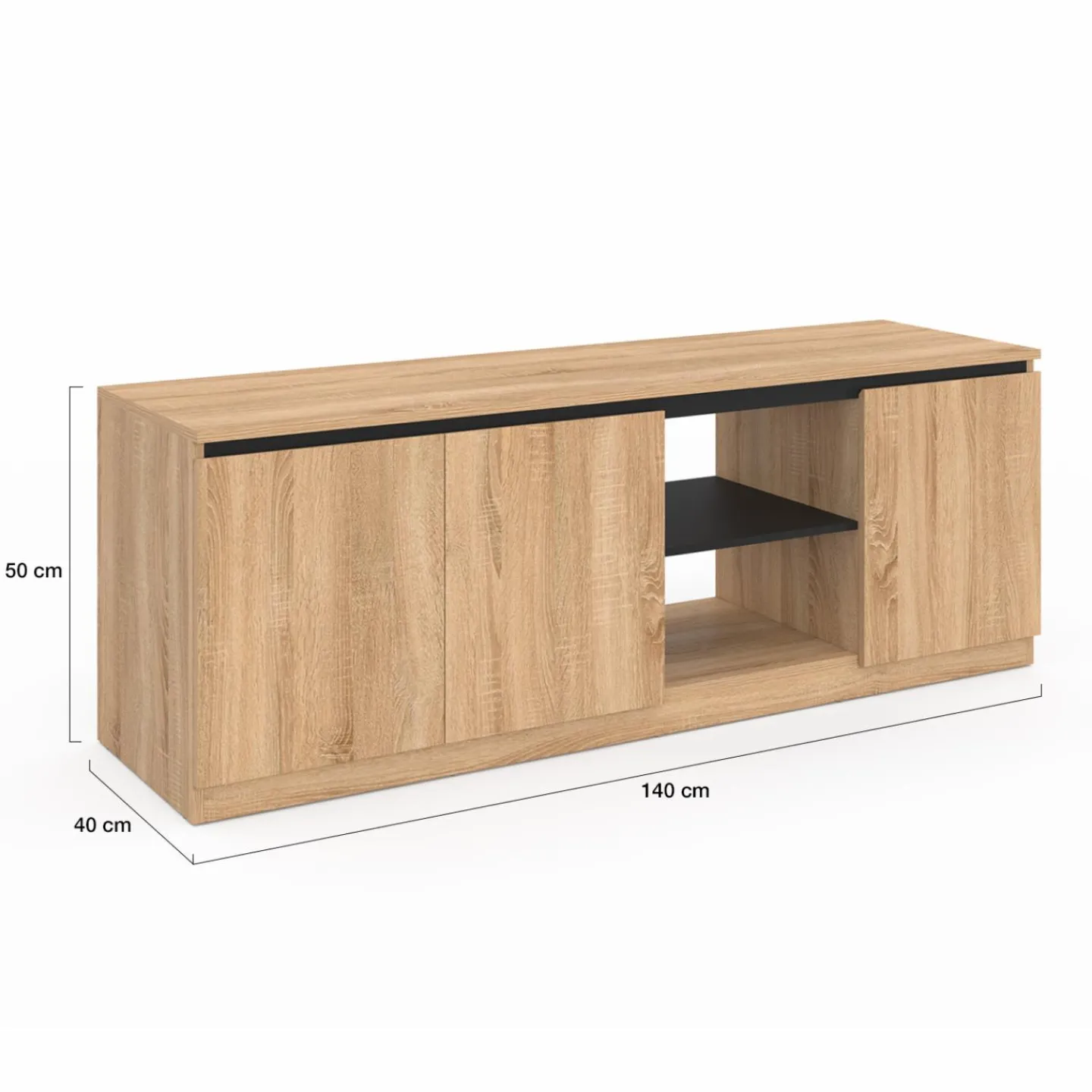 Meuble télé bois façon hêtre et noir 140 cm 3 portes*IDMarket Sale