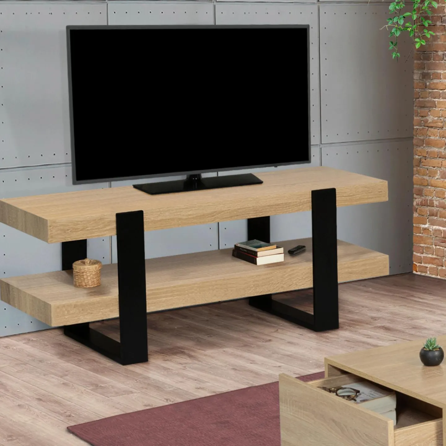 Meuble télé design noir et bois avec double plateau*IDMarket Best