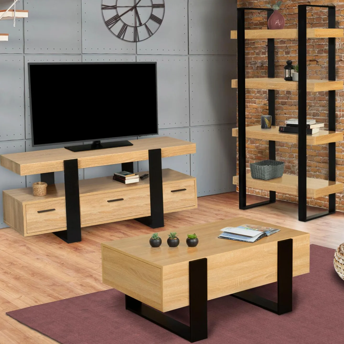 Meuble télé design noir et bois avec rangement*IDMarket Sale