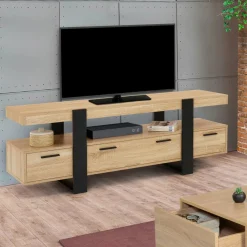 Meuble télé noir et bois 140 cm avec 3 tiroirs*IDMarket Online