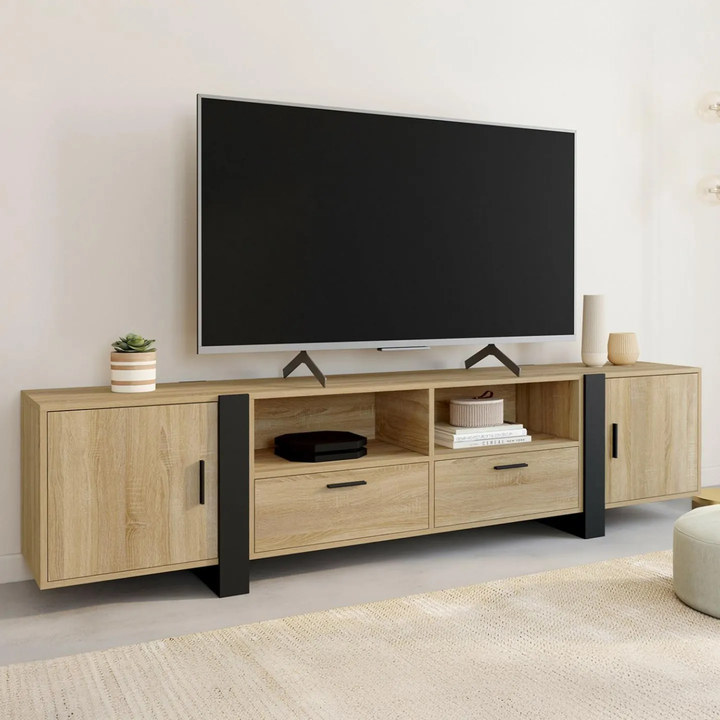 Meuble TV 200 cm 2 portes 2 tiroirs bois et noir*IDMarket Best