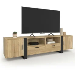 Meuble TV 200 cm 2 portes 2 tiroirs bois et noir*IDMarket Best