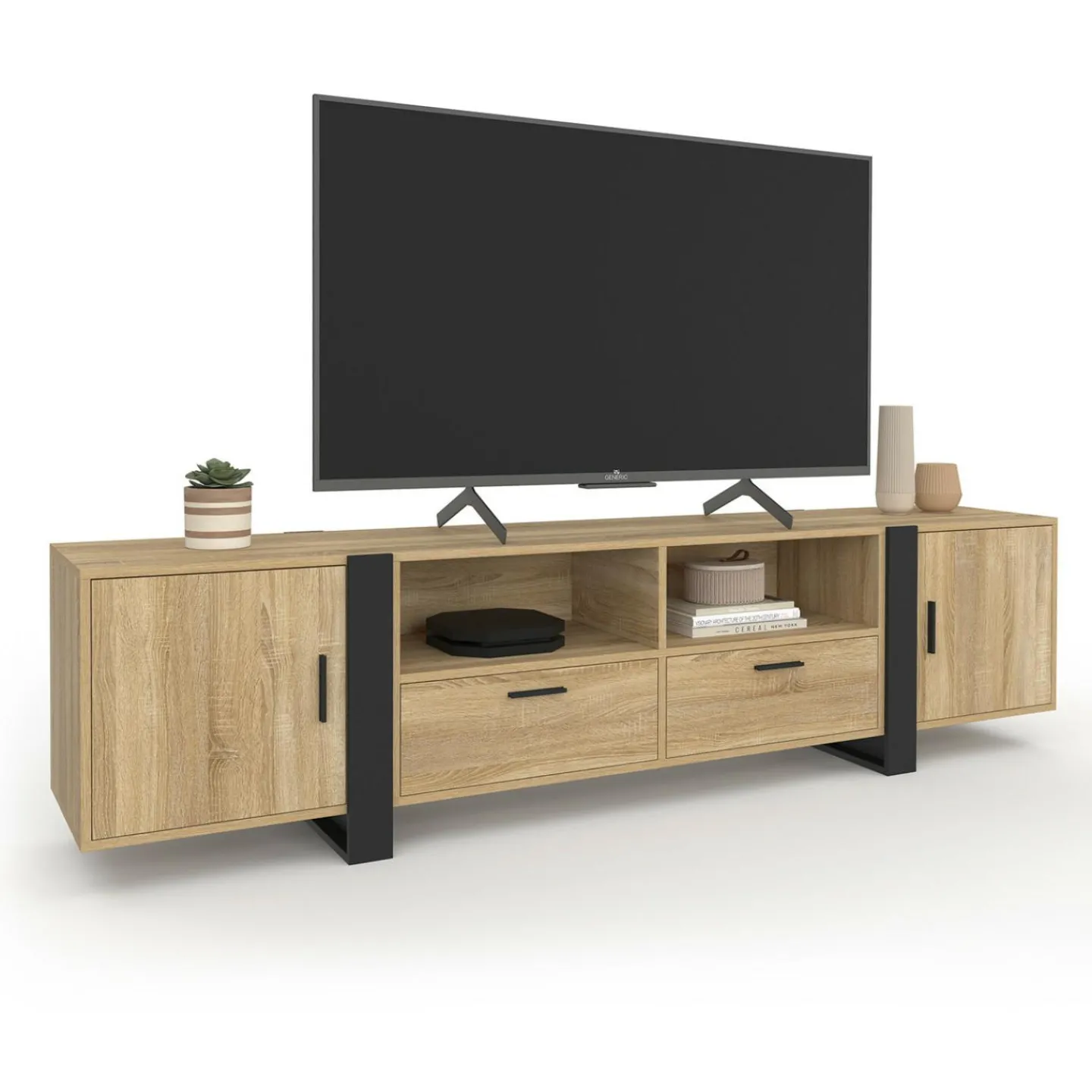 Meuble TV 200 cm 2 portes 2 tiroirs bois et noir*IDMarket Best