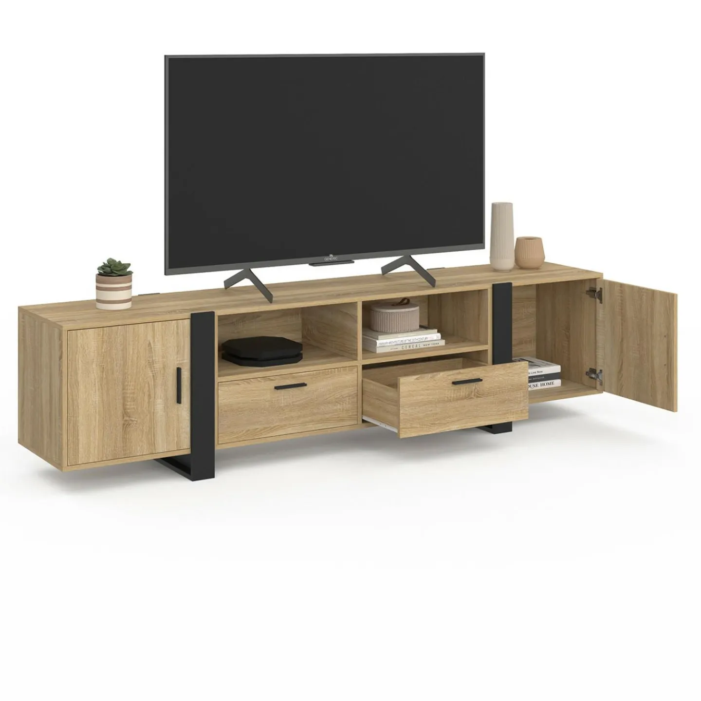 Meuble TV 200 cm 2 portes 2 tiroirs bois et noir*IDMarket Best