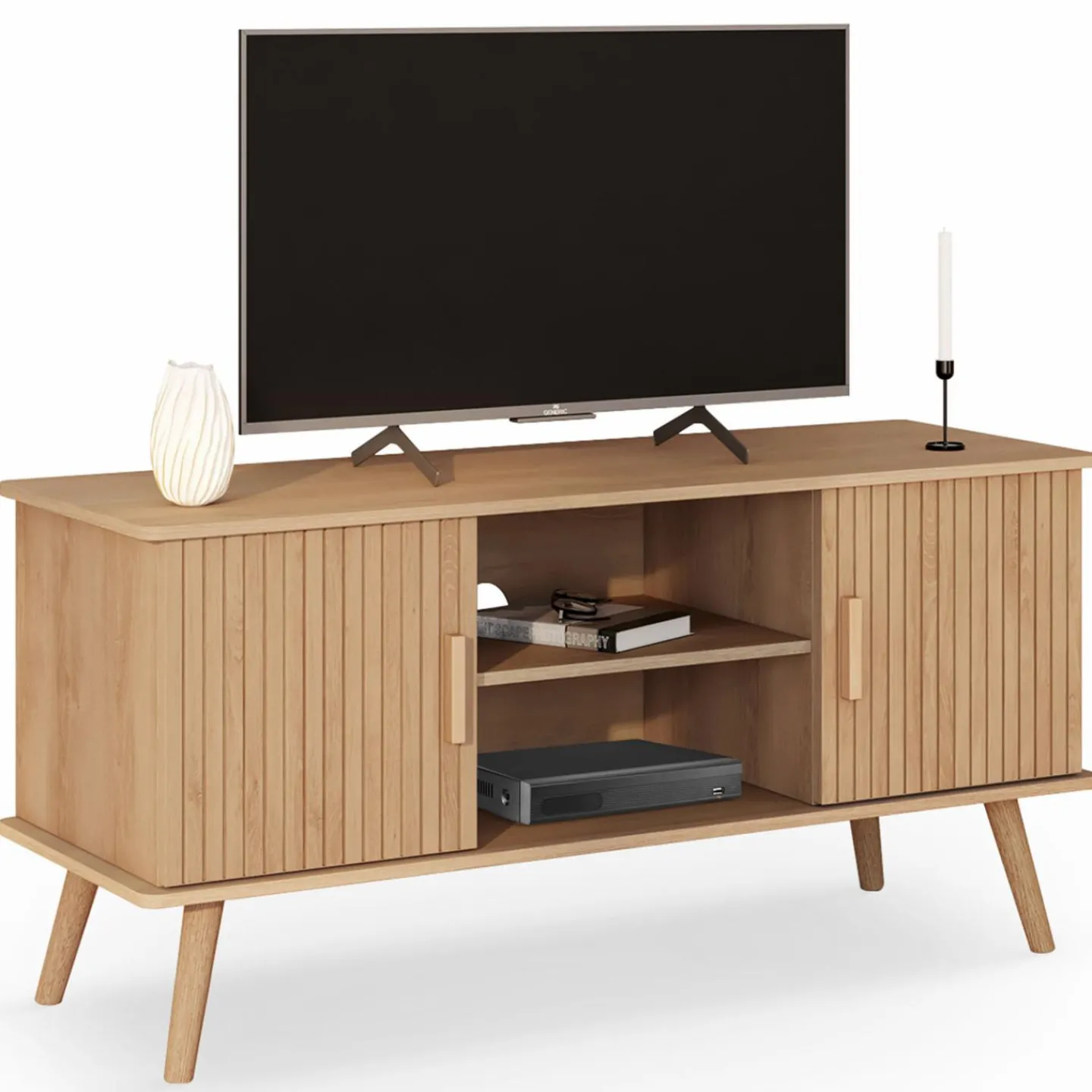 Meuble TV 110 cm avec 2 portes effet lattes tasseau bois*IDMarket Sale