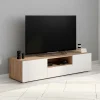 Meuble TV 140 cm bois façon hêtre portes blanches*IDMarket Sale