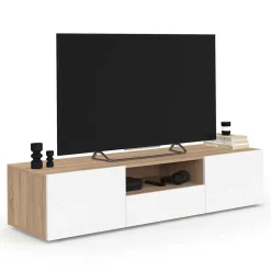 Meuble TV 140 cm bois façon hêtre portes blanches*IDMarket Sale