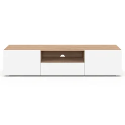 Meuble TV 140 cm bois façon hêtre portes blanches*IDMarket Sale