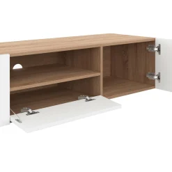 Meuble TV 140 cm bois façon hêtre portes blanches*IDMarket Sale
