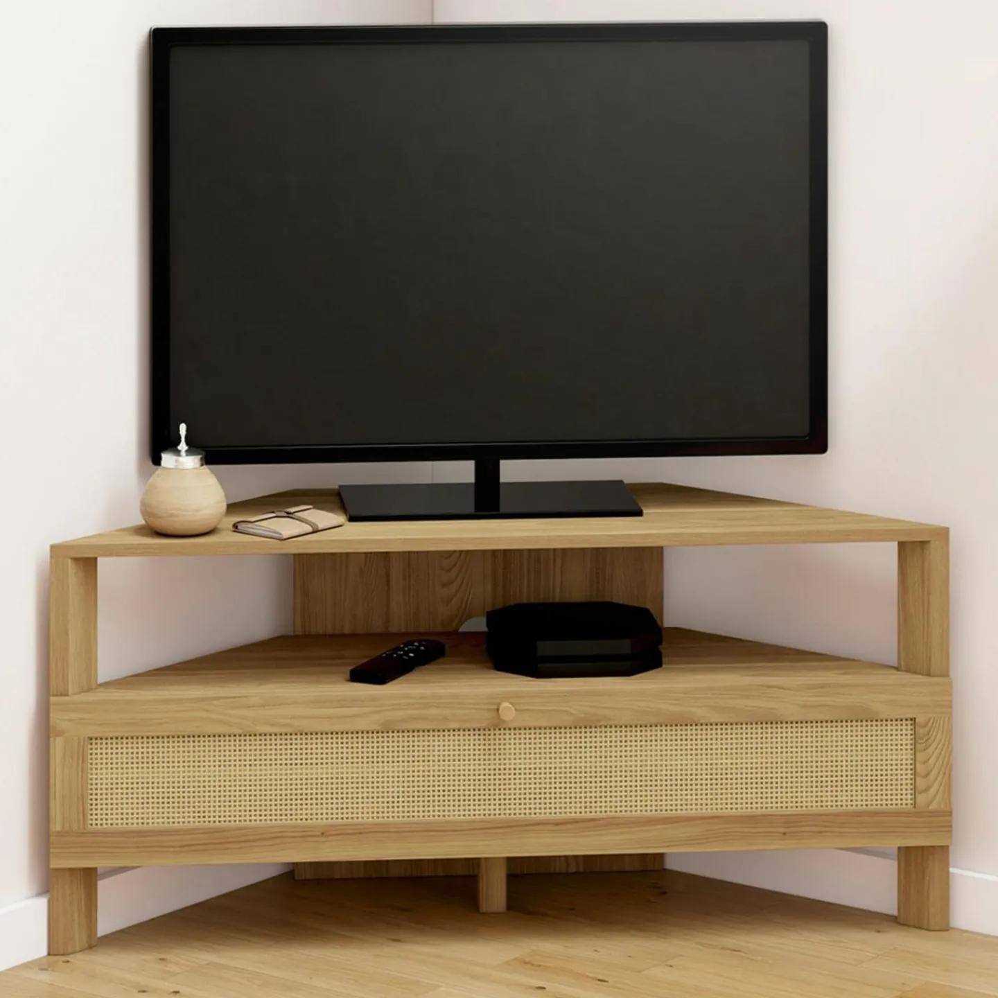 Meuble TV 100 cm d'angle 1 porte effet naturel cannage*IDMarket Sale