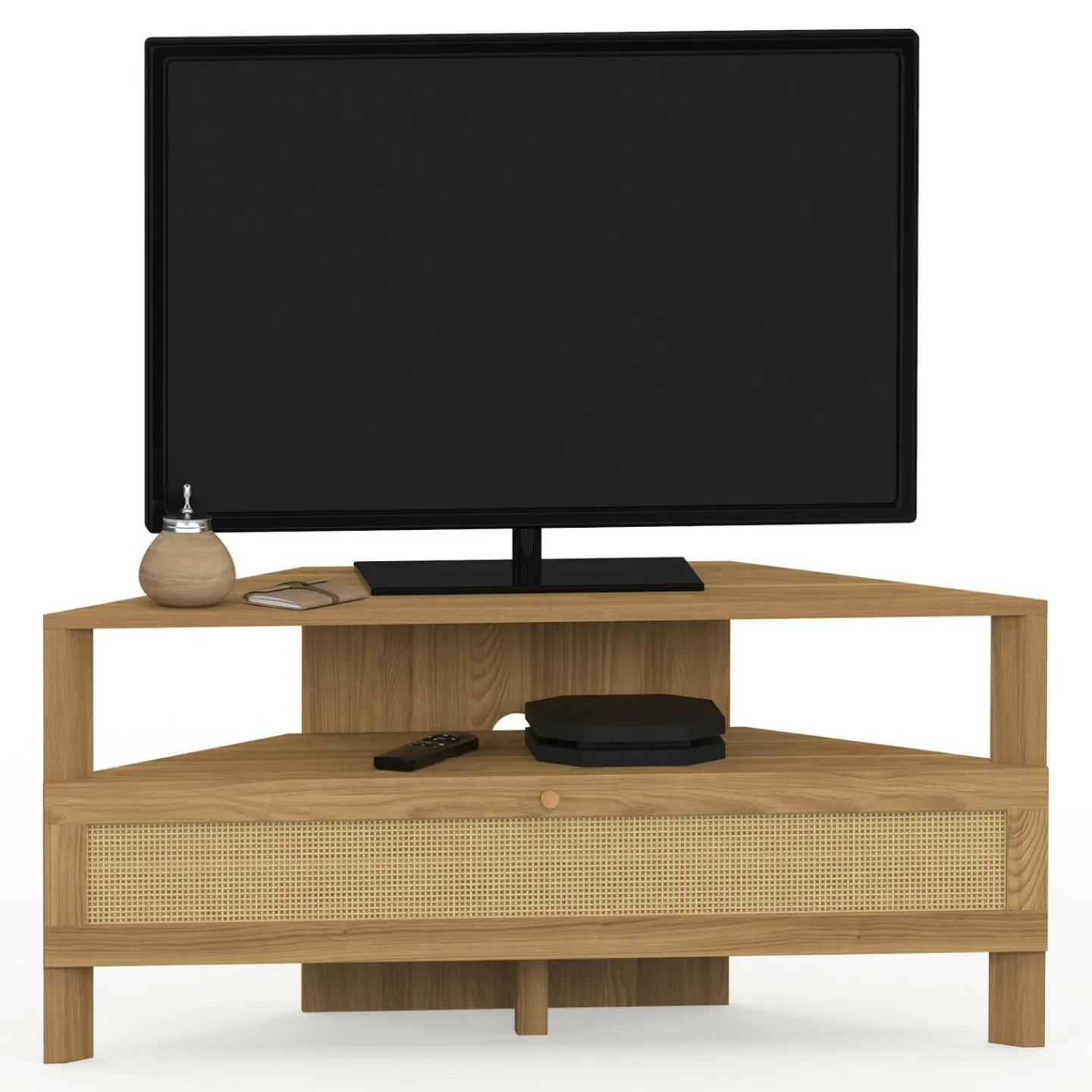 Meuble TV 100 cm d'angle 1 porte effet naturel cannage*IDMarket Sale