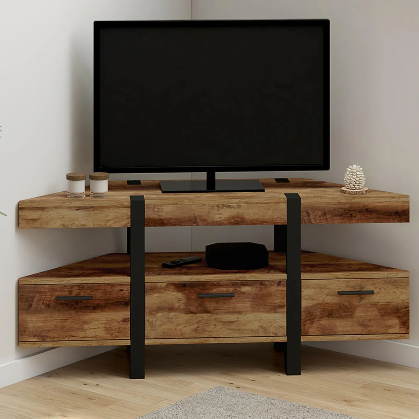 Meuble TV 110 cm d'angle bois pied épingle avec tiroirs*IDMarket Outlet