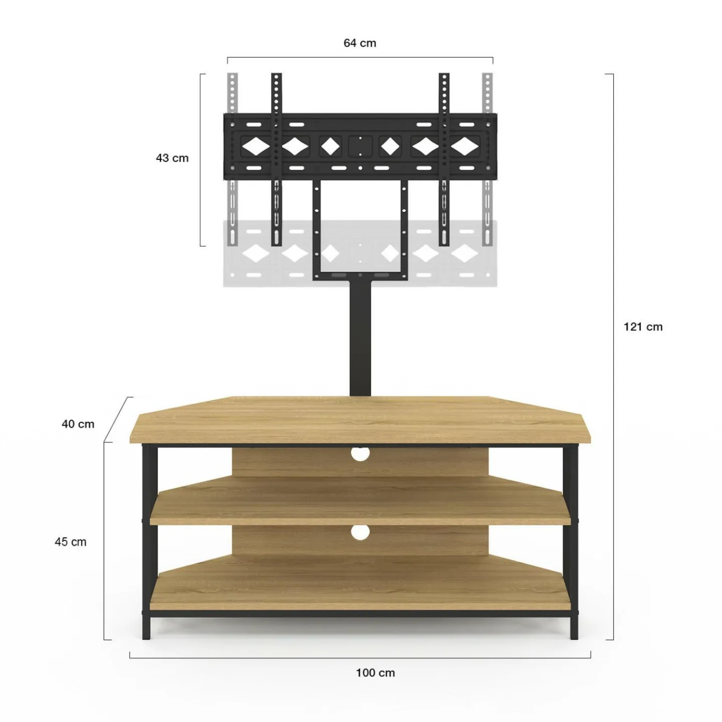 Meuble TV 100 cm d'angle design industriel avec étagères et support TV réglable de 32 à 70 pouces*IDMarket