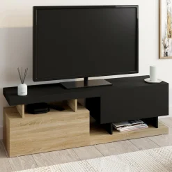 Meuble TV 140 cm double-portes effet bois et noir*IDMarket Best