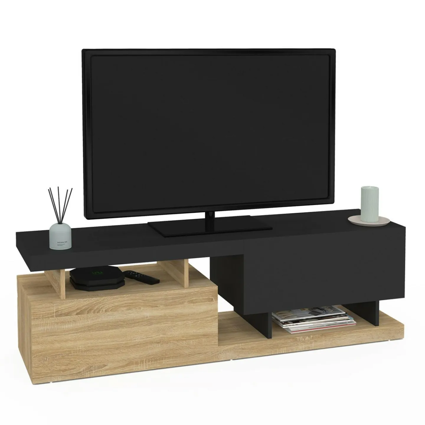 Meuble TV 140 cm double-portes effet bois et noir*IDMarket Best