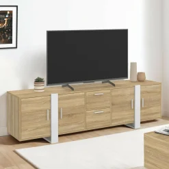 Meuble TV 180 cm PHOENIX 4 portes + 2 tiroirs bois et blanc*IDMarket Discount