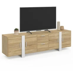 Meuble TV 180 cm PHOENIX 4 portes + 2 tiroirs bois et blanc*IDMarket Discount
