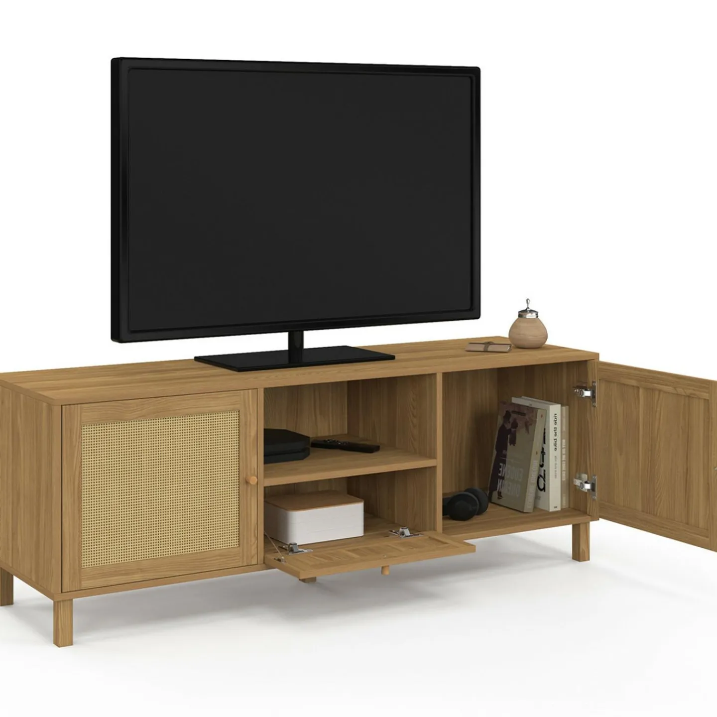 Meuble TV 140 cm vintage 3 portes effet naturel cannage*IDMarket Hot