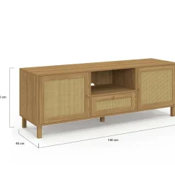 Meuble TV 140 cm vintage 3 portes effet naturel cannage*IDMarket Hot