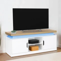 Meuble TV à LEDS blanc et bois avec 2 portes 110 cm*IDMarket Discount