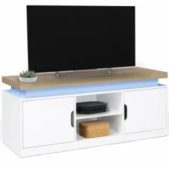 Meuble TV à LEDS blanc et bois avec 2 portes 110 cm*IDMarket Discount