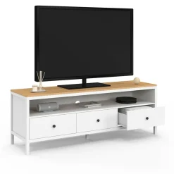 Meuble TV 3 tiroirs blanc et plateau bois 140 cm*IDMarket Outlet