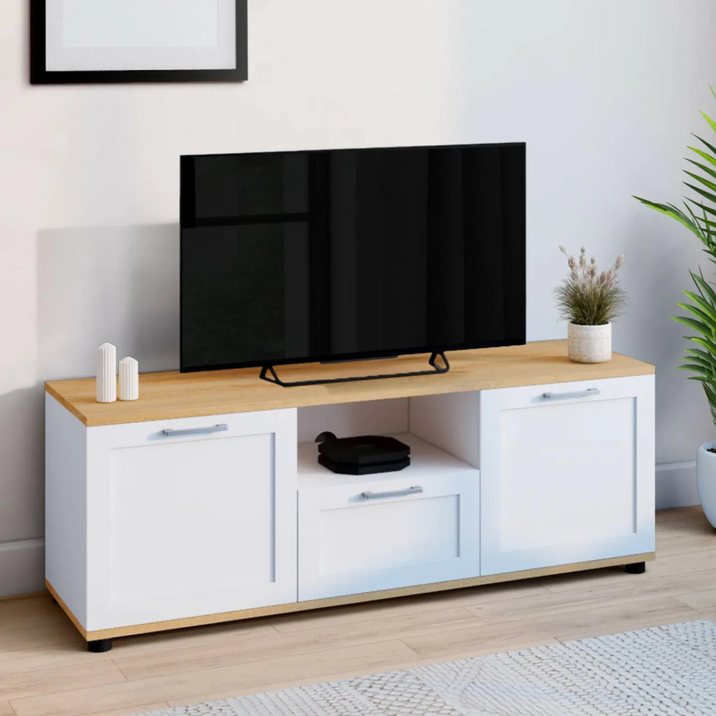 Meuble TV blanc et bois 110 cm avec tiroir et niche*IDMarket Online