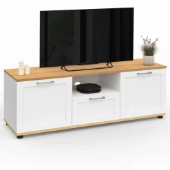 Meuble TV blanc et bois 110 cm avec tiroir et niche*IDMarket Online