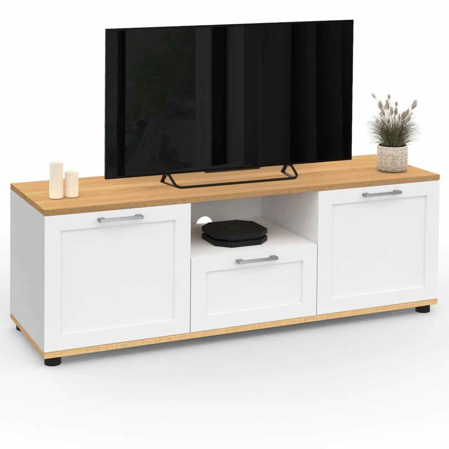 Meuble TV blanc et bois 110 cm avec tiroir et niche*IDMarket Online