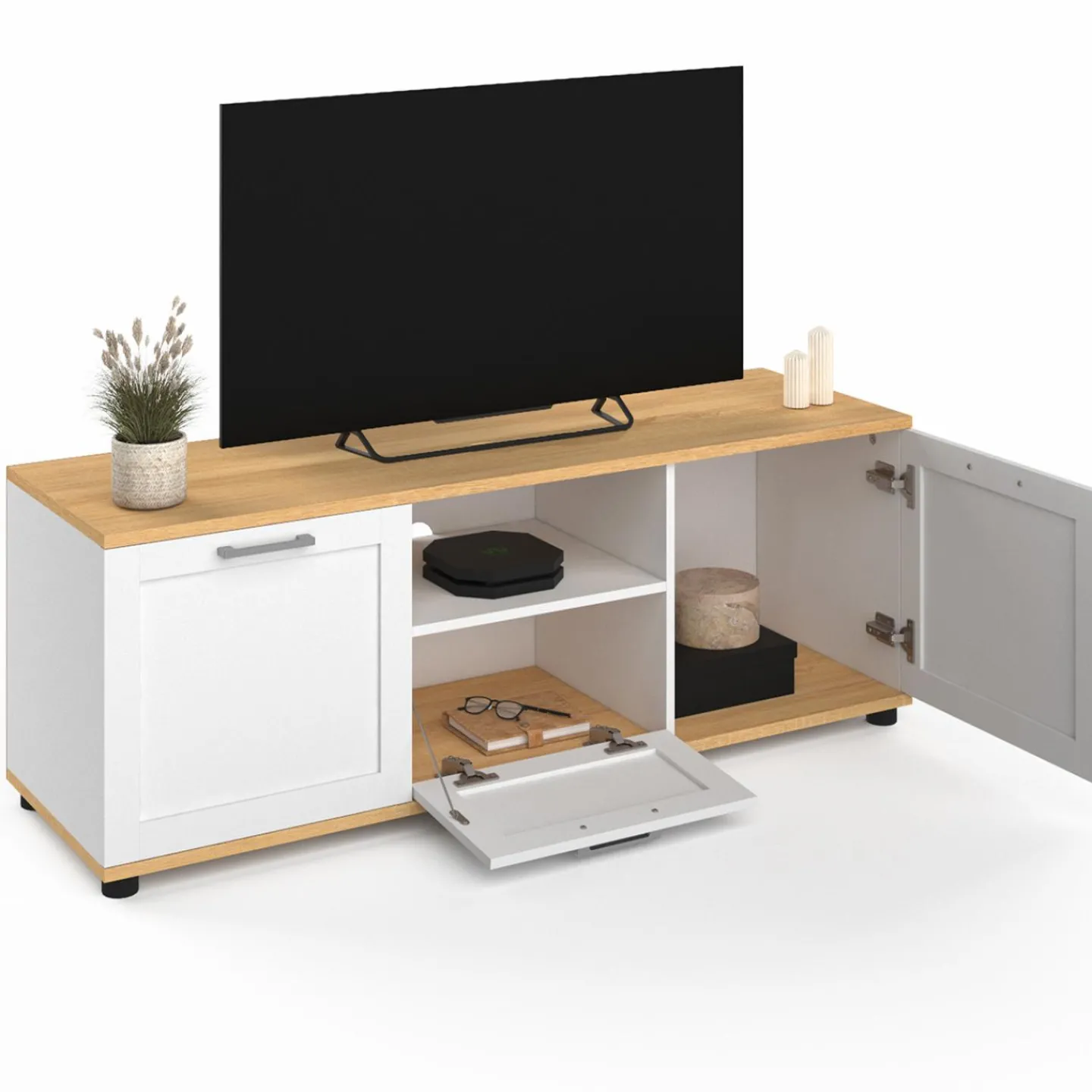 Meuble TV blanc et bois 110 cm avec tiroir et niche*IDMarket Online