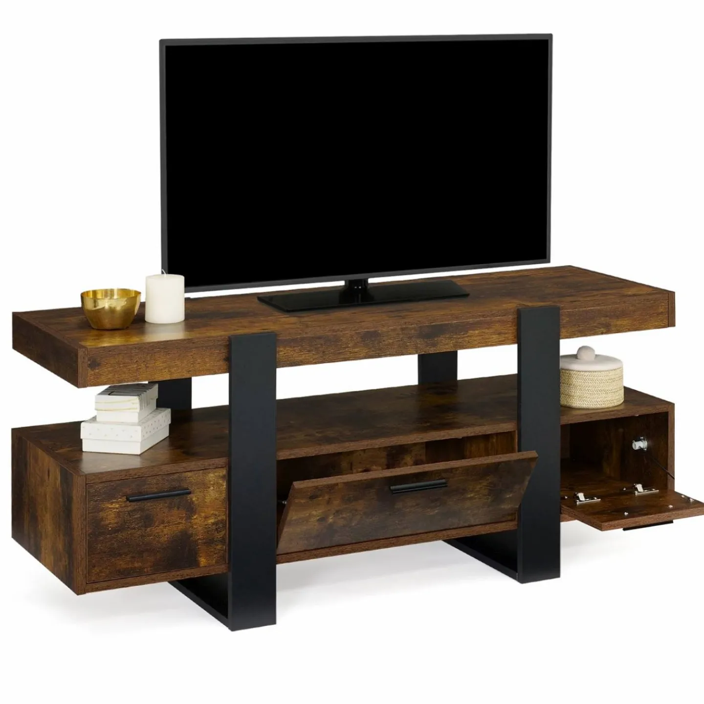 Meuble TV bois effet vieilli et noir avec tiroirs*IDMarket Clearance