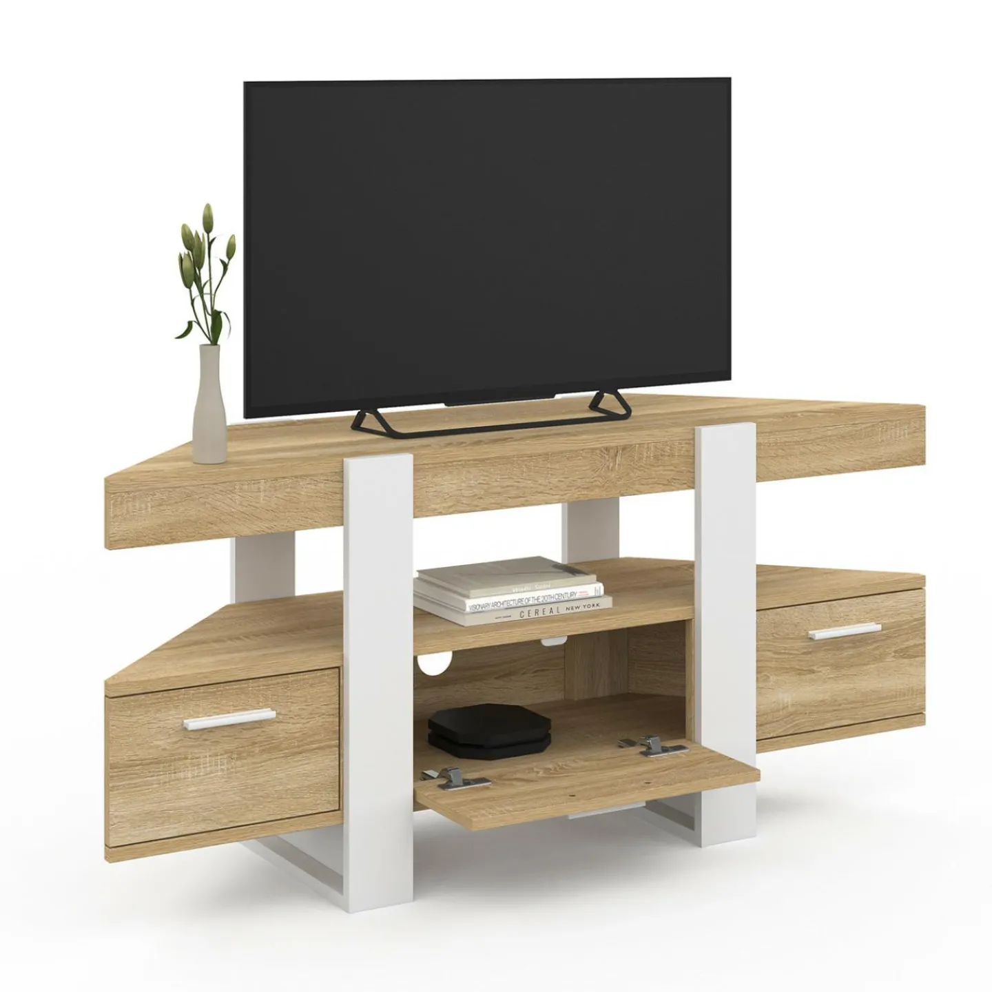 Meuble TV d'angle bois et blanc 110cm avec tiroir*IDMarket Discount