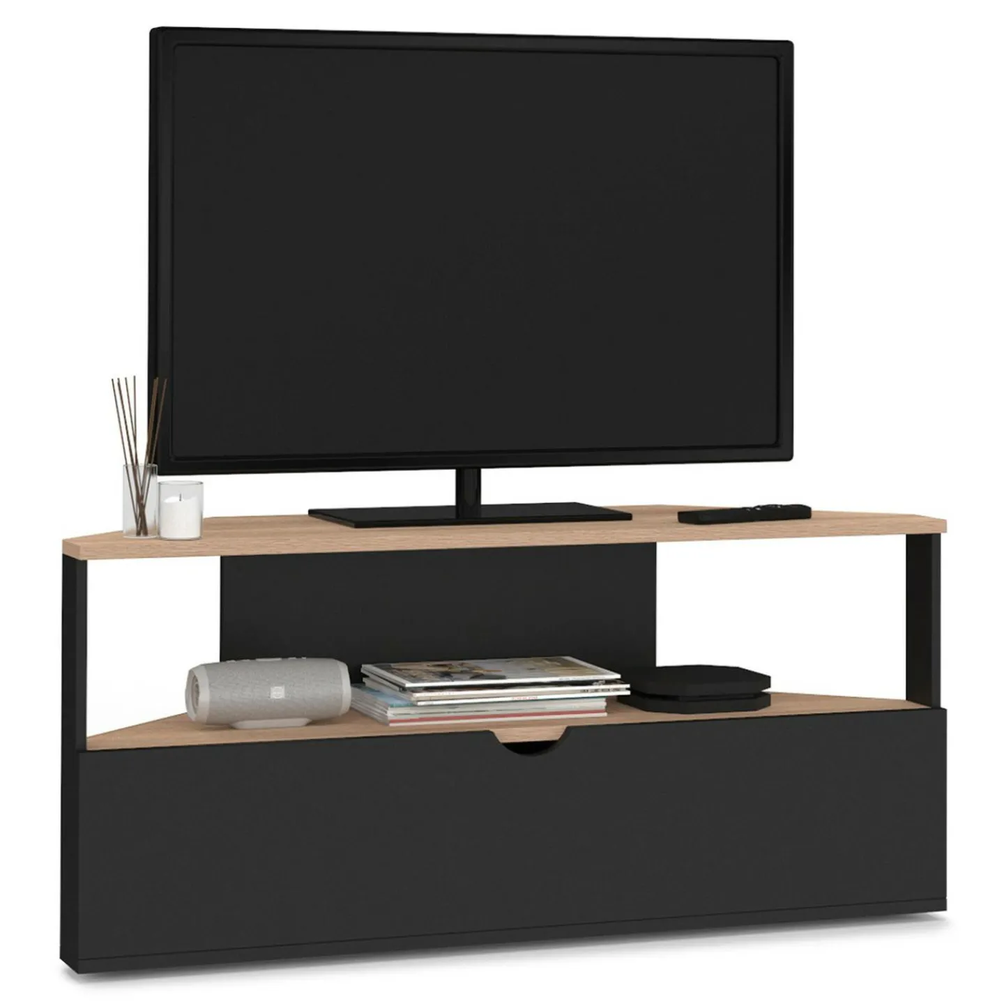Meuble TV d'angle bois façon hêtre et noir 100 cm*IDMarket Best