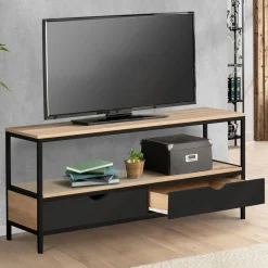 Meuble TV en bois et métal noir 2 tiroirs*IDMarket