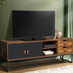 Meuble TV industriel bois et métal 140 cm avec 2 portes et tiroirs*IDMarket Online