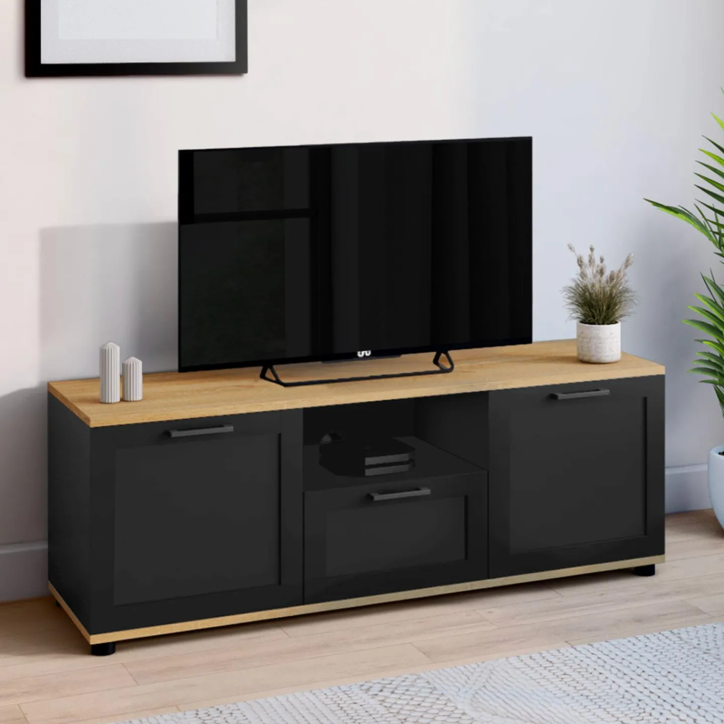 Meuble TV noir et bois 110 cm avec tiroir et niche*IDMarket Best