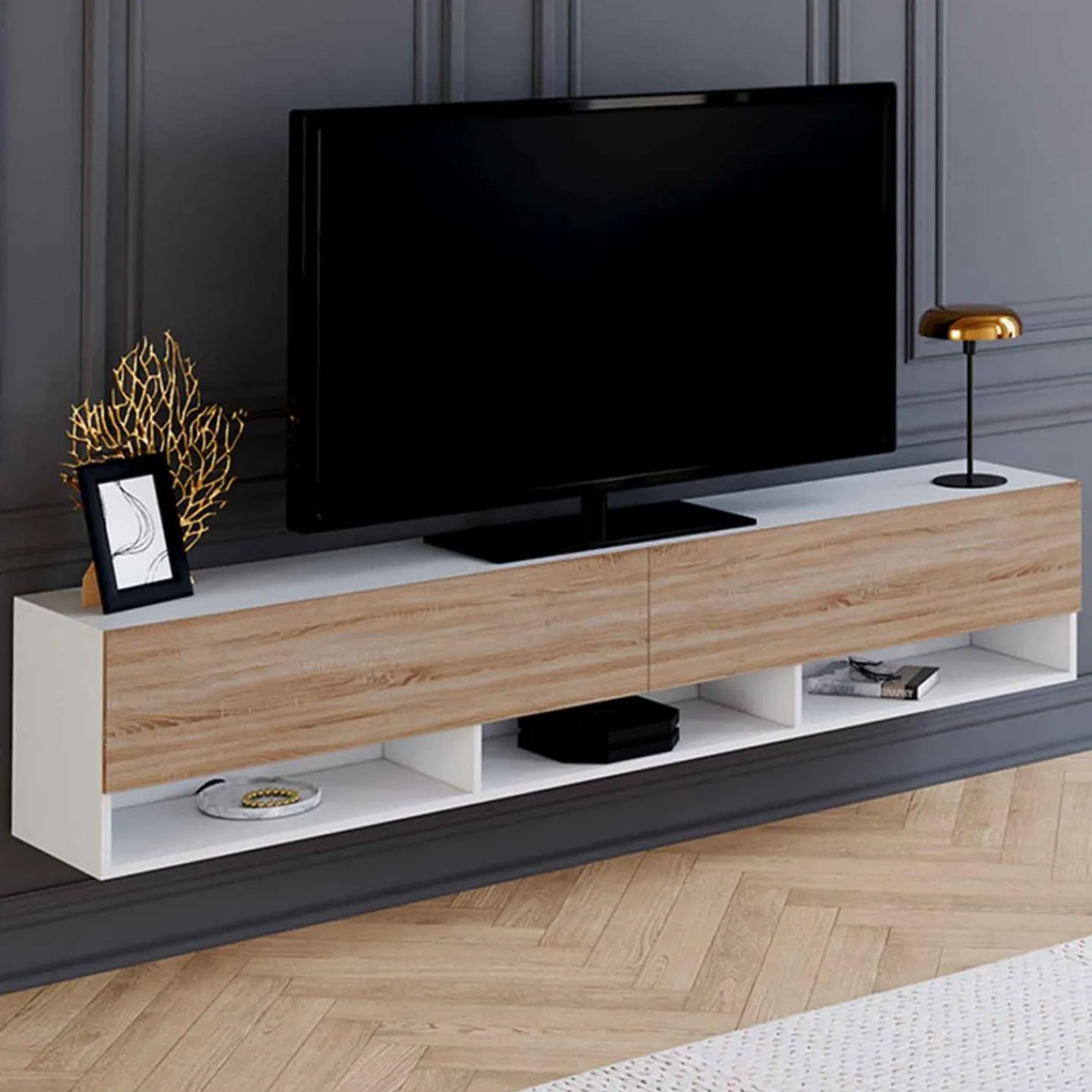 Meuble TV suspendu blanc et bois 180 cm avec étagères*IDMarket New