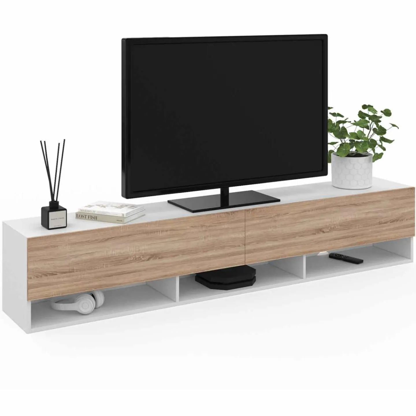 Meuble TV suspendu blanc et bois 180 cm avec étagères*IDMarket New
