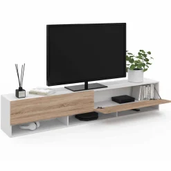 Meuble TV suspendu blanc et bois 180 cm avec étagères*IDMarket New