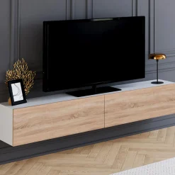 Meuble TV suspendu blanc et bois*IDMarket