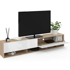 Meuble TV suspendu bois et blanc 180 cm avec étagères*IDMarket Discount