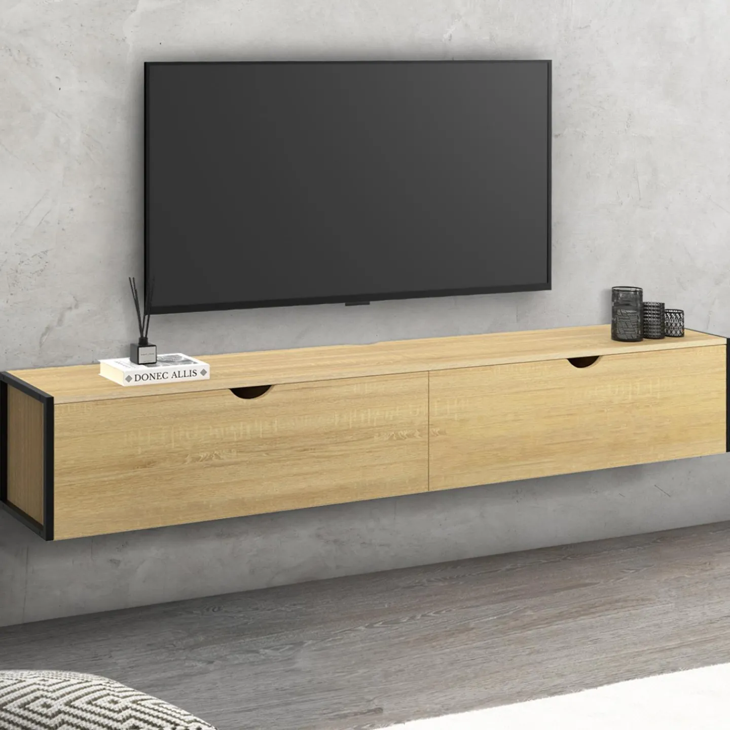 Meuble TV suspendu industriel 180 cm avec 2 portes*IDMarket Discount